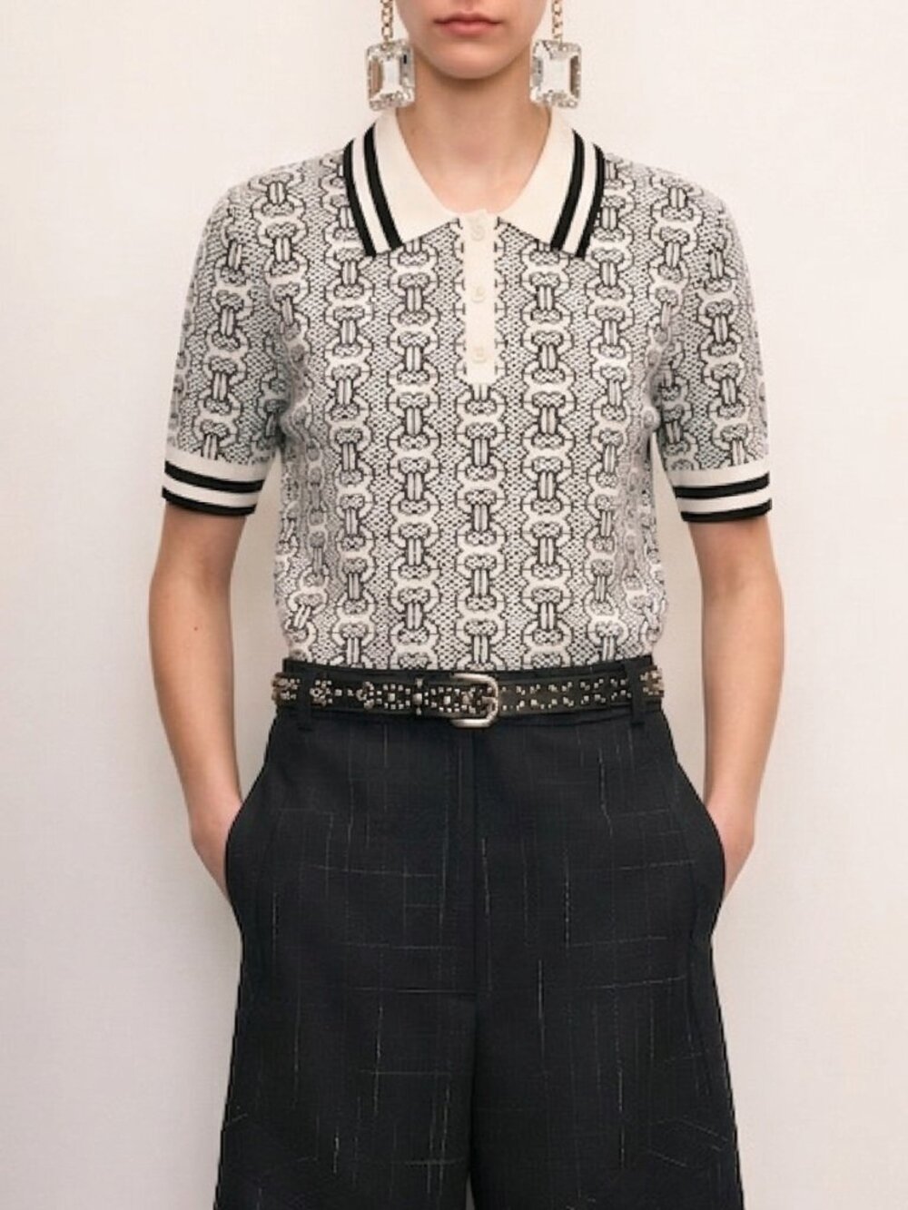 NWT Tory Burch Gemini Link Sweater Polo Shirt Top in New Ivory Black Size S $348